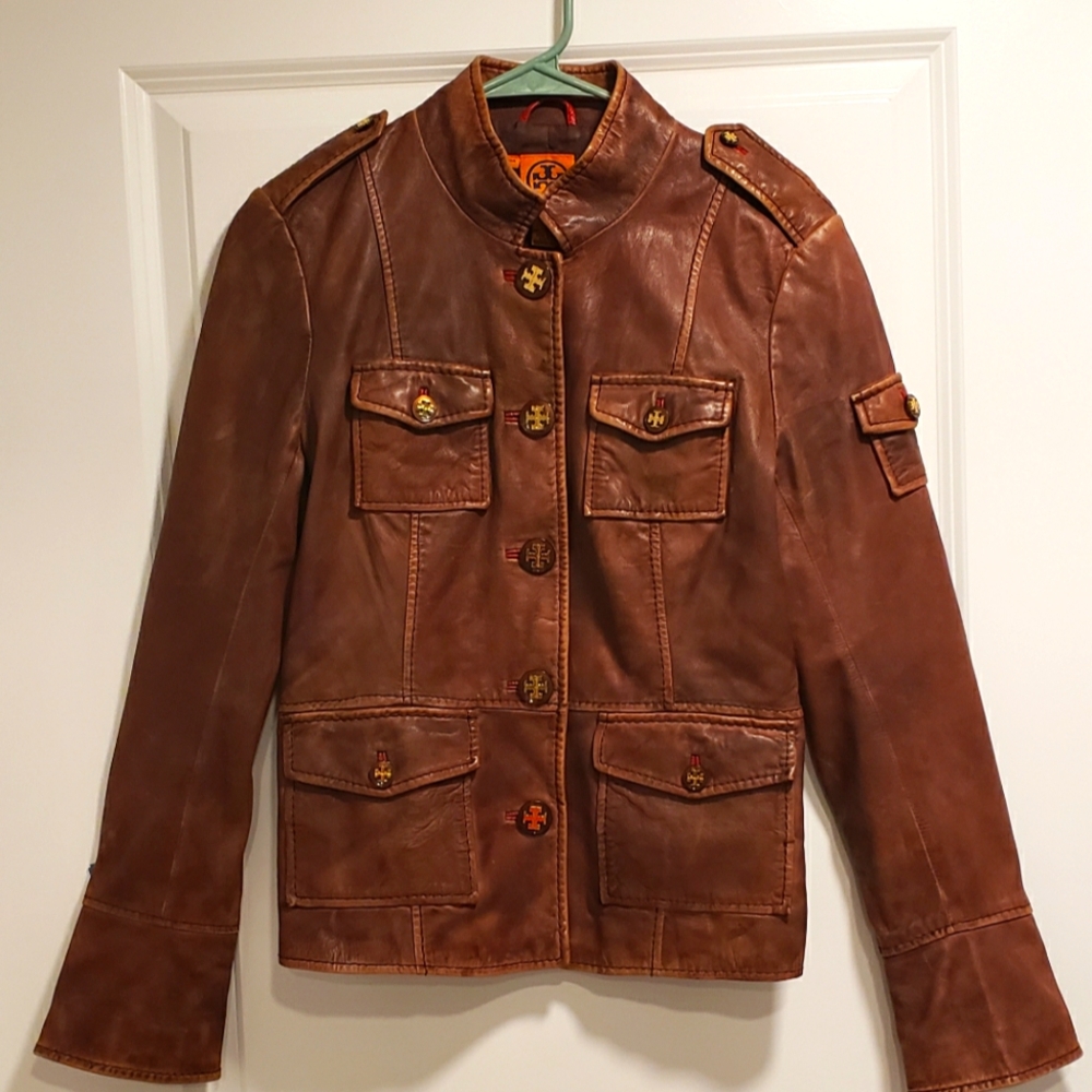 Tory Burch Leather Jacket sz 8 unique distressed style